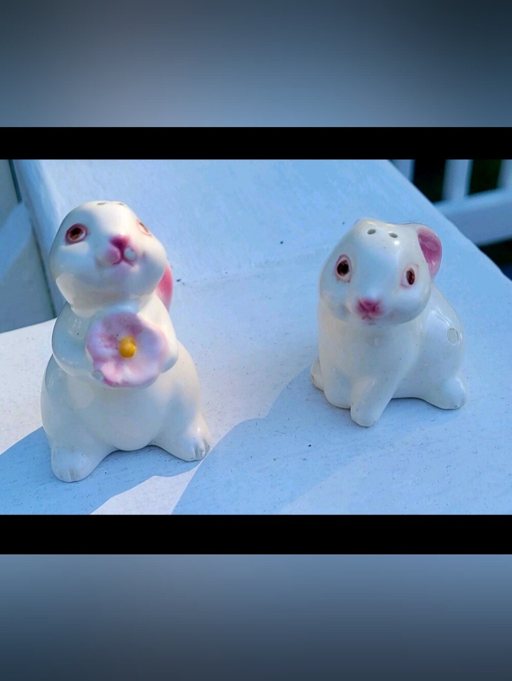 Avon 1983 Ceramic Bunny Salt and Pepper Shaker Set - White with Pink Accents